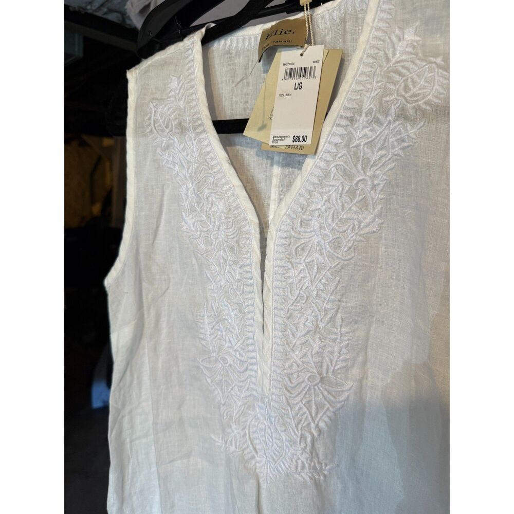 Tahari White Linen Sleeveless Tunic Blouse with Embroidery - NWT - s L